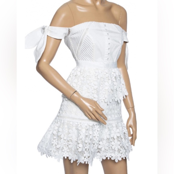 Self Portrait White Guipure Lace Tiered Off Shoulder Mini Dress - Picture 4 of 7